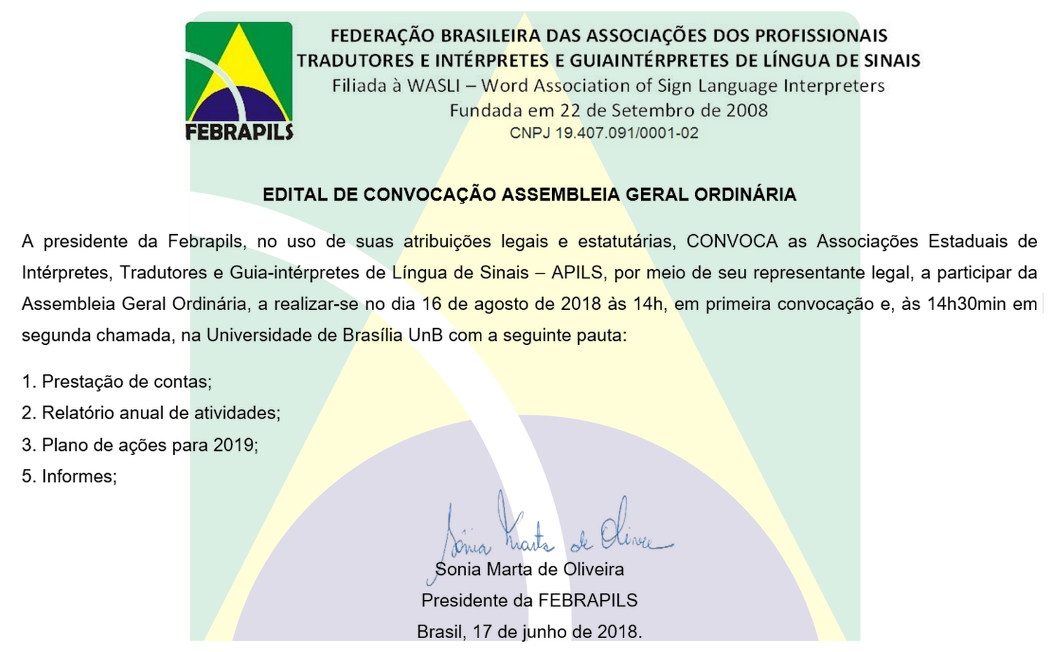 CONVOCAÇÃO ASSEMBLEIA GERAL ORDINÁRIA 2018