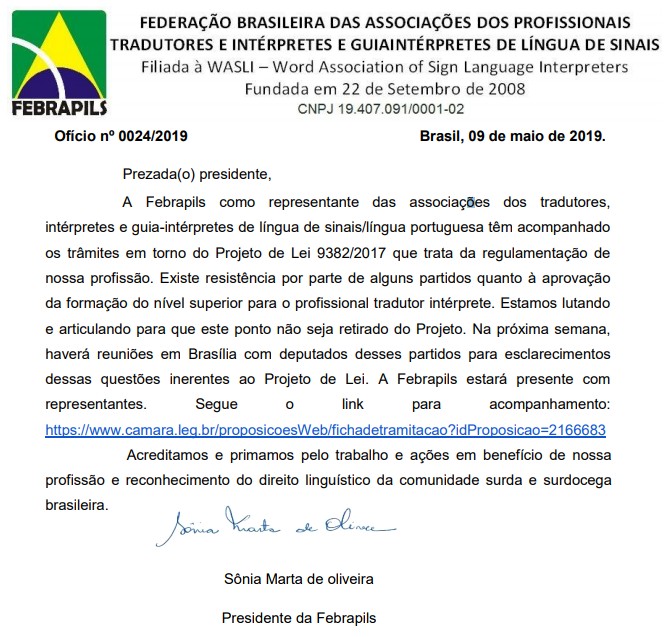 Ofício 24/2019 – Sobre o projeto de Lei que regulamenta a profissão do Tradutor-Intérprete de Libras